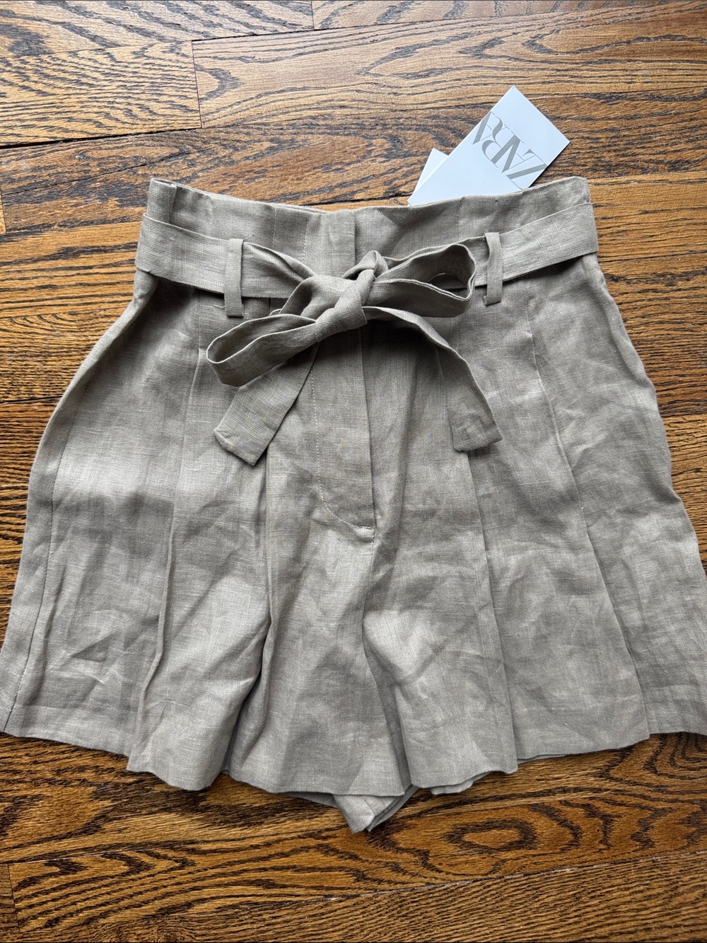 Zara 100% Linen NWT High Waist Linen Pleated Tie-Belt Shorts Taupe XS - Picture 1 of 10